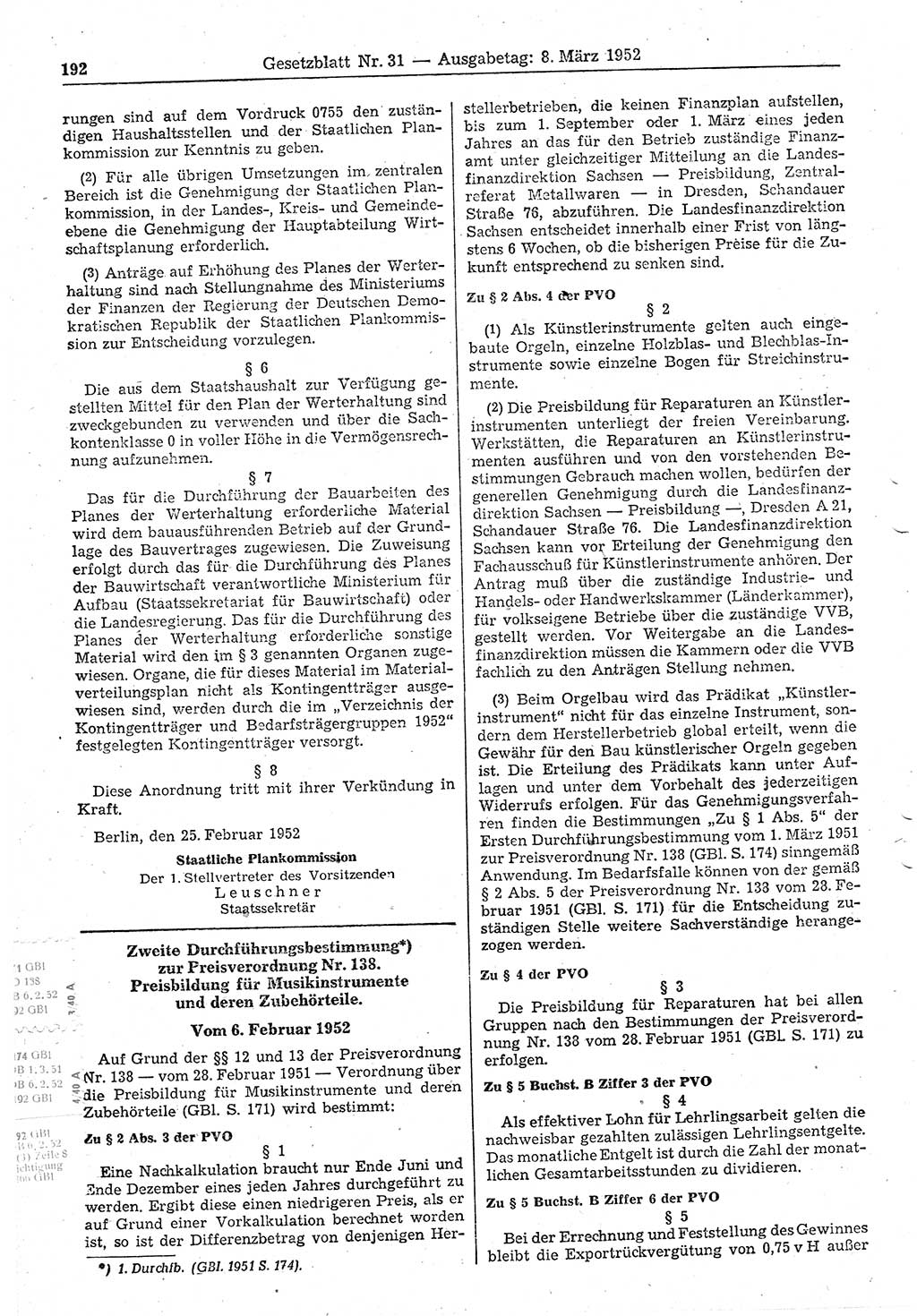 Gesetzblatt (GBl.) der Deutschen Demokratischen Republik (DDR) 1952, Seite 192 (GBl. DDR 1952, S. 192)