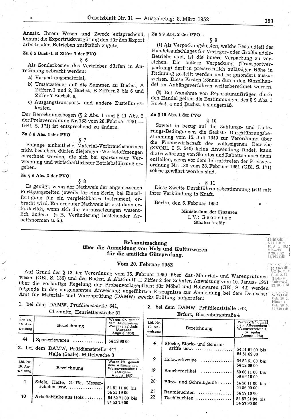 Gesetzblatt (GBl.) der Deutschen Demokratischen Republik (DDR) 1952, Seite 193 (GBl. DDR 1952, S. 193)