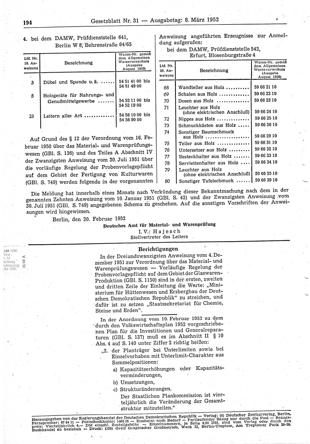 Gesetzblatt (GBl.) der Deutschen Demokratischen Republik (DDR) 1952, Seite 194 (GBl. DDR 1952, S. 194)