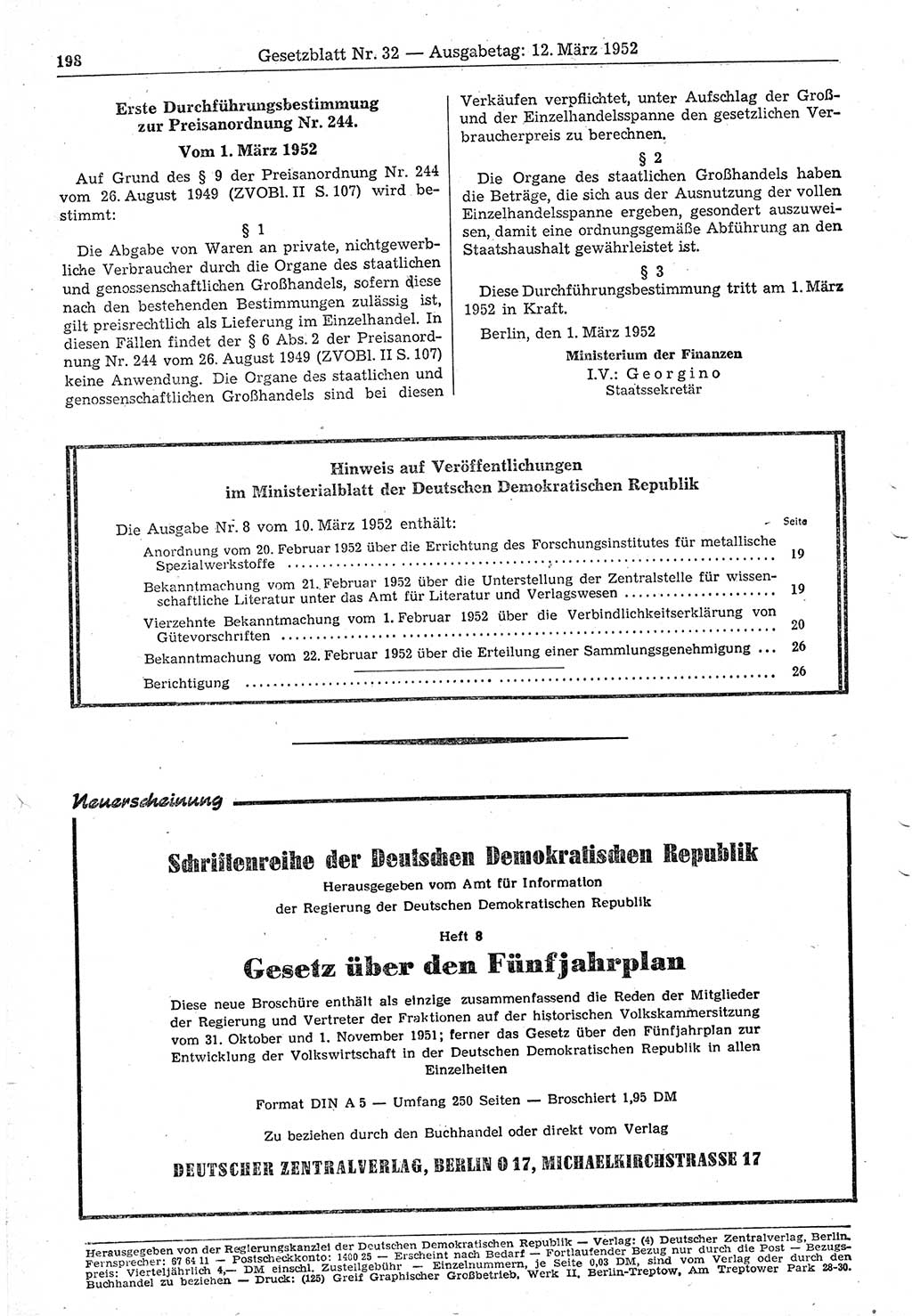 Gesetzblatt (GBl.) der Deutschen Demokratischen Republik (DDR) 1952, Seite 198 (GBl. DDR 1952, S. 198)