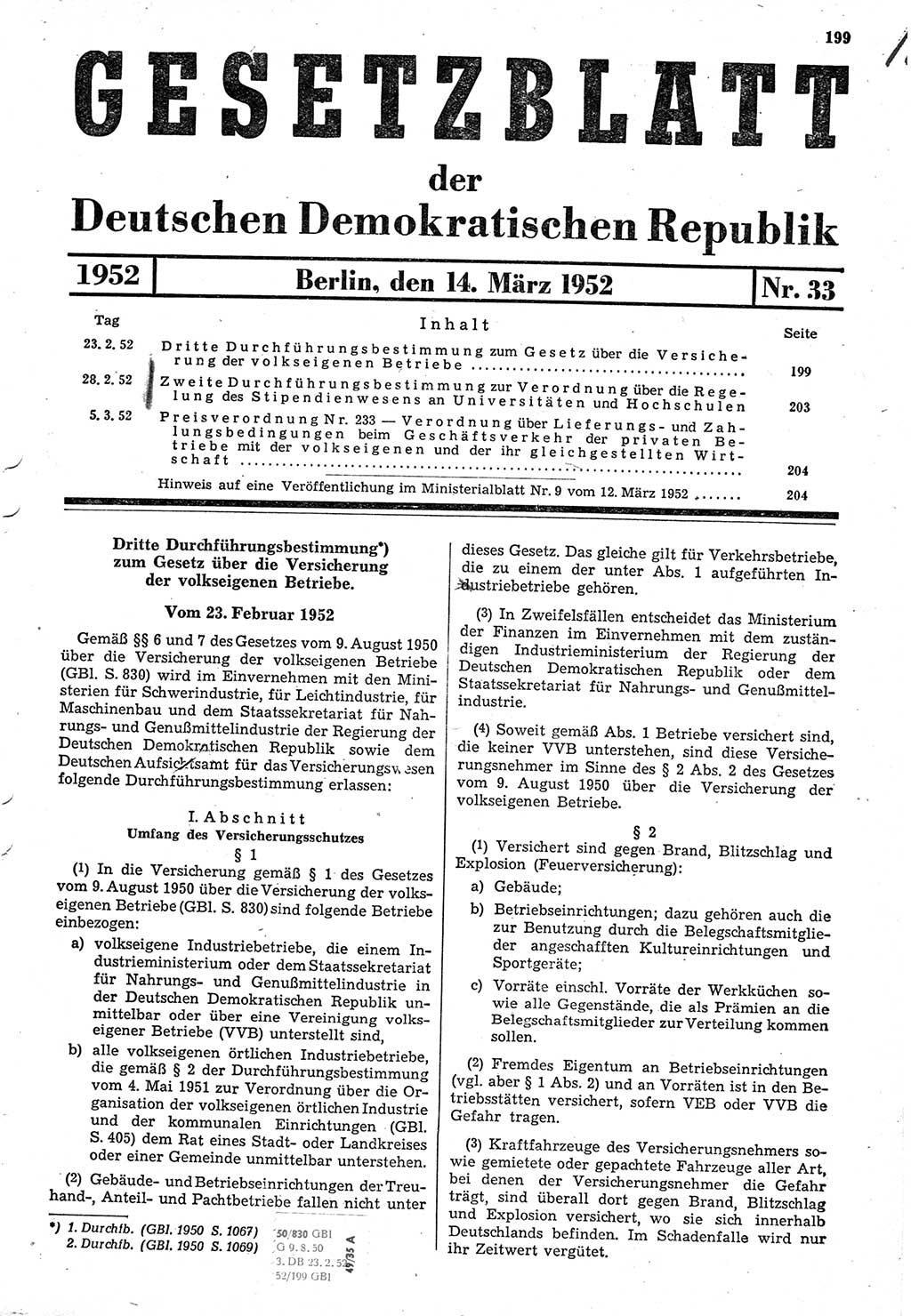 Gesetzblatt (GBl.) der Deutschen Demokratischen Republik (DDR) 1952, Seite 199 (GBl. DDR 1952, S. 199)