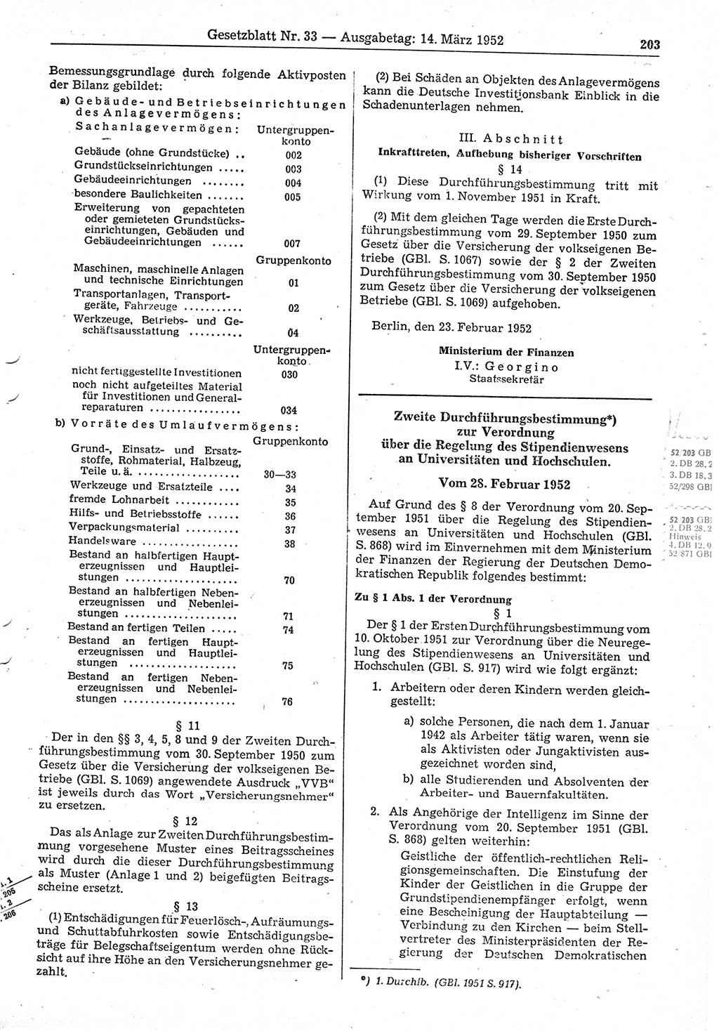 Gesetzblatt (GBl.) der Deutschen Demokratischen Republik (DDR) 1952, Seite 203 (GBl. DDR 1952, S. 203)