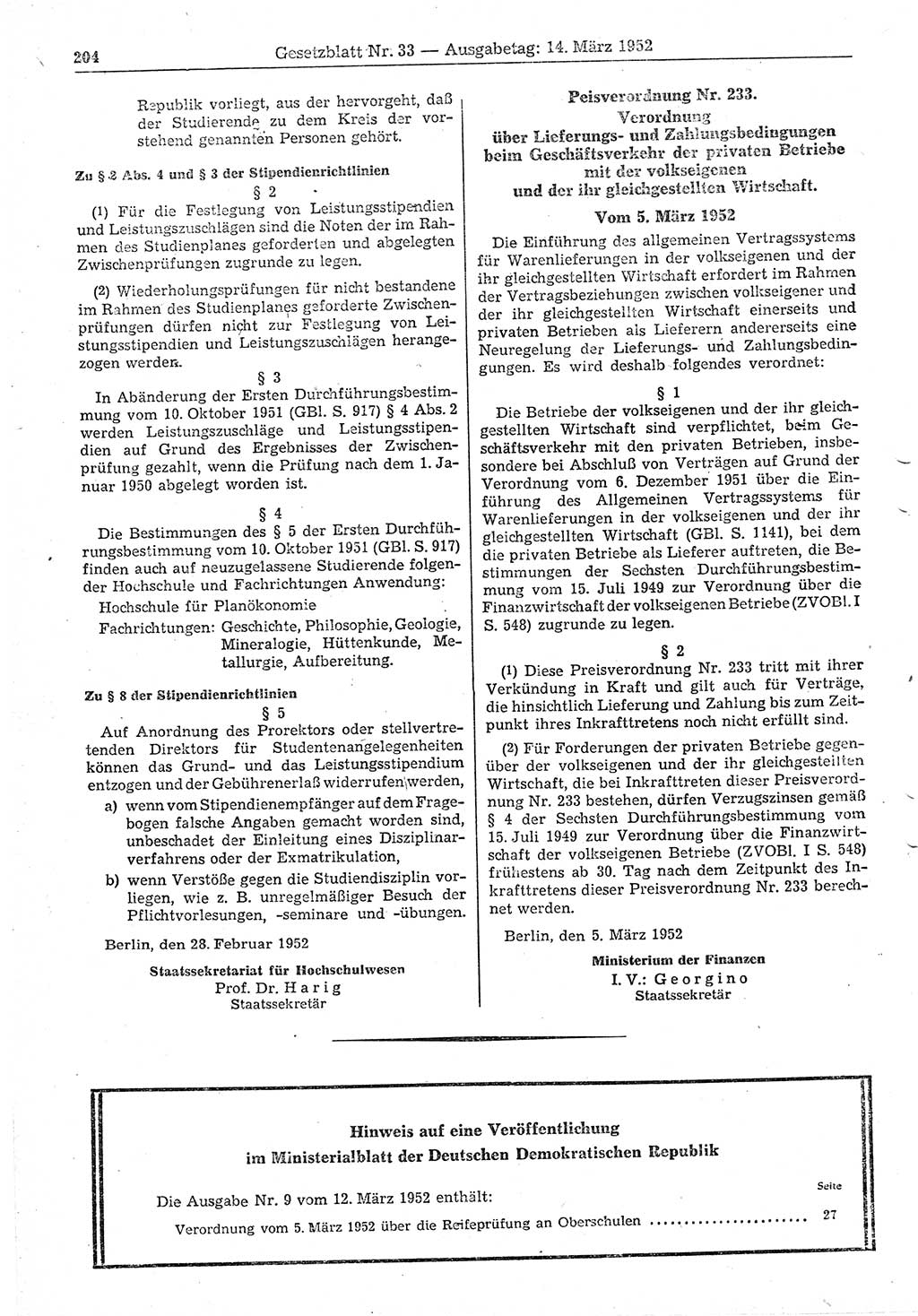 Gesetzblatt (GBl.) der Deutschen Demokratischen Republik (DDR) 1952, Seite 204 (GBl. DDR 1952, S. 204)