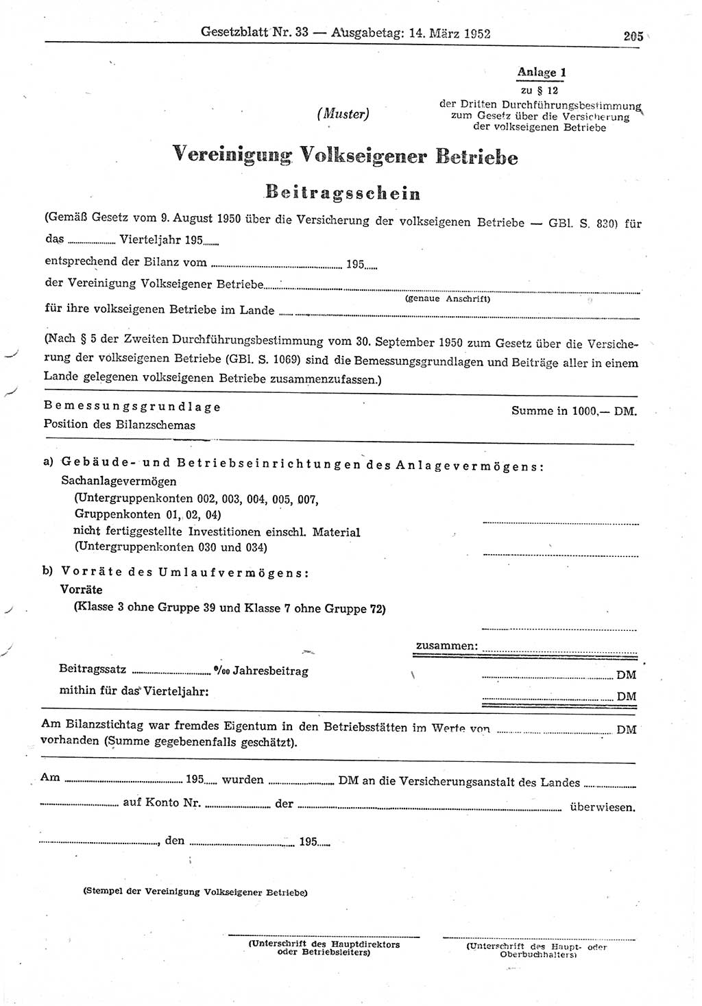 Gesetzblatt (GBl.) der Deutschen Demokratischen Republik (DDR) 1952, Seite 205 (GBl. DDR 1952, S. 205)