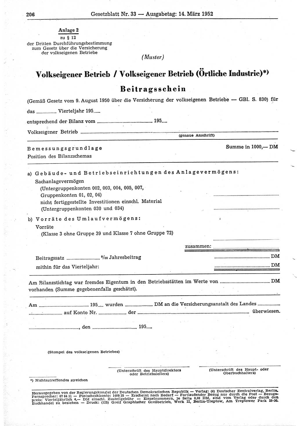 Gesetzblatt (GBl.) der Deutschen Demokratischen Republik (DDR) 1952, Seite 206 (GBl. DDR 1952, S. 206)