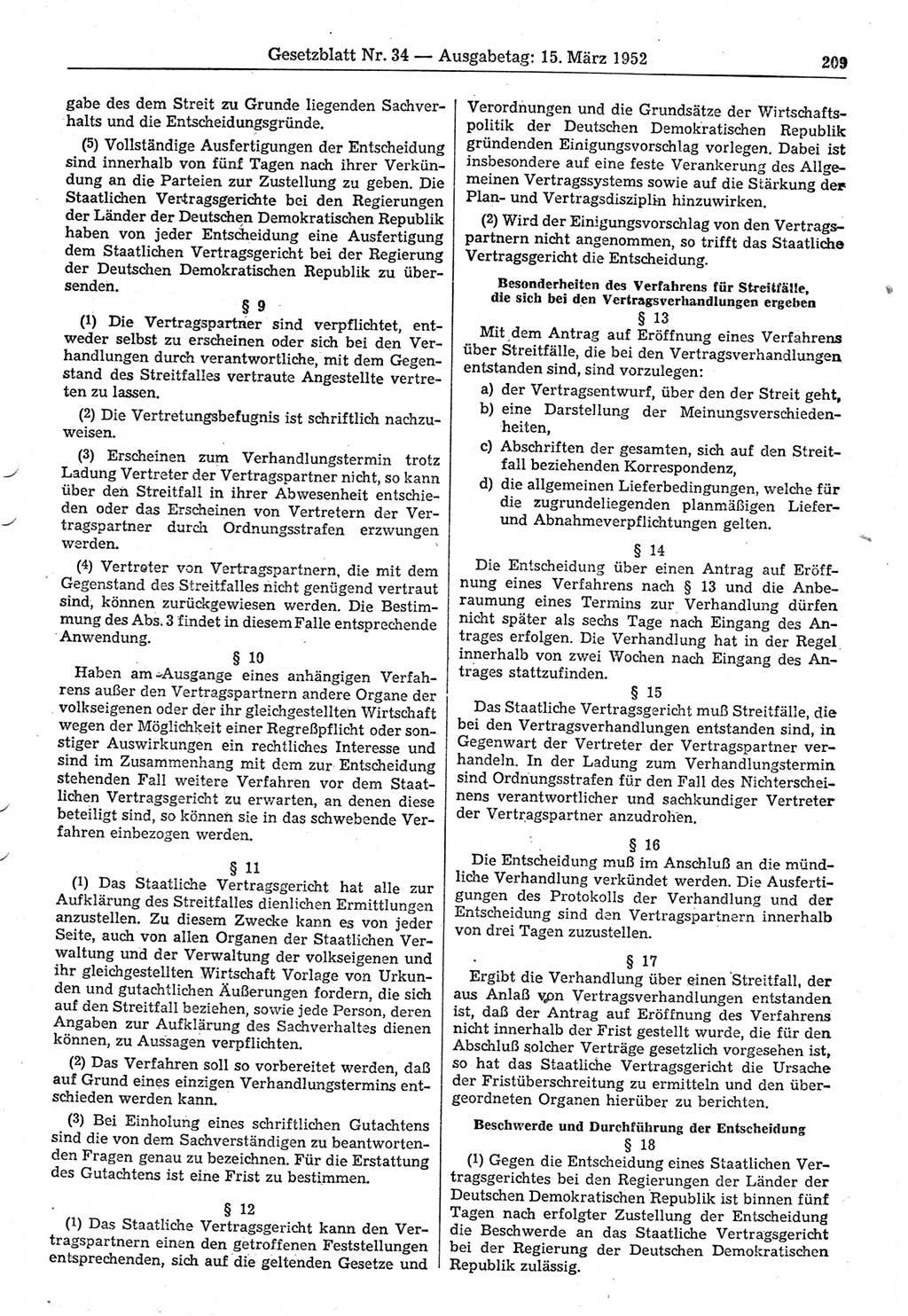 Gesetzblatt (GBl.) der Deutschen Demokratischen Republik (DDR) 1952, Seite 209 (GBl. DDR 1952, S. 209)