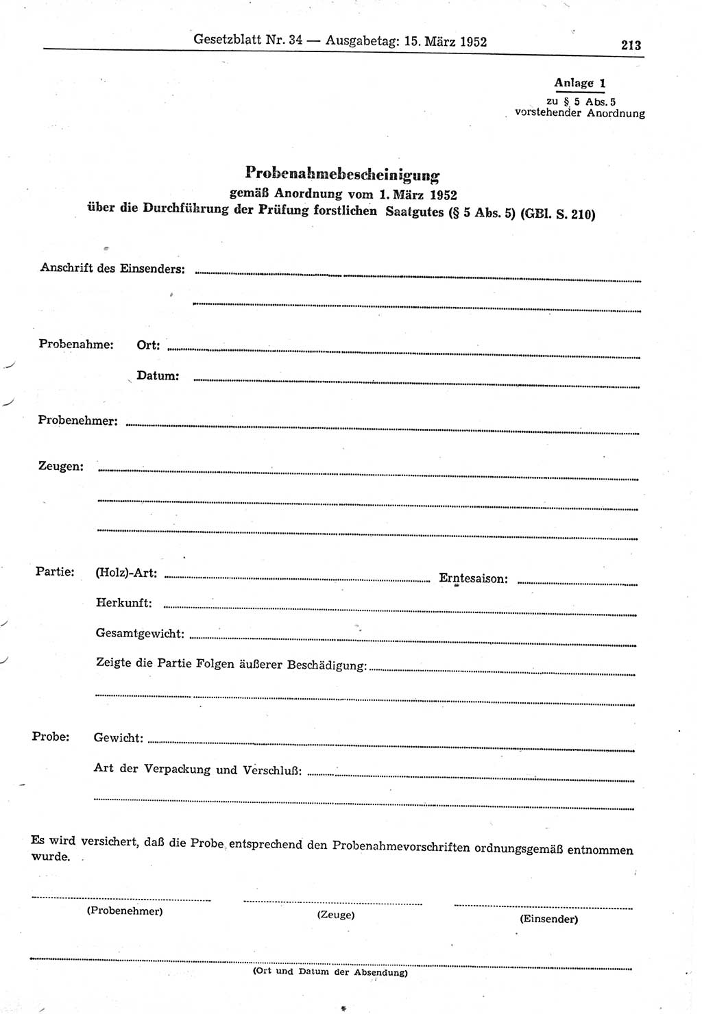 Gesetzblatt (GBl.) der Deutschen Demokratischen Republik (DDR) 1952, Seite 213 (GBl. DDR 1952, S. 213)