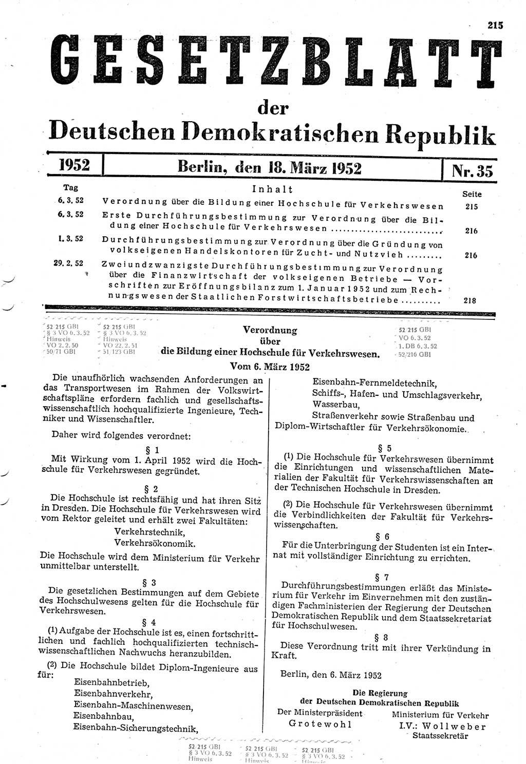 Gesetzblatt (GBl.) der Deutschen Demokratischen Republik (DDR) 1952, Seite 215 (GBl. DDR 1952, S. 215)