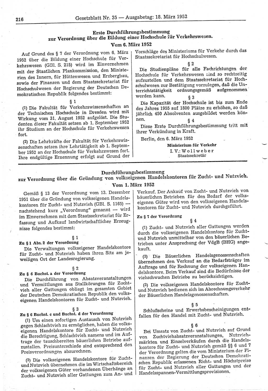 Gesetzblatt (GBl.) der Deutschen Demokratischen Republik (DDR) 1952, Seite 216 (GBl. DDR 1952, S. 216)
