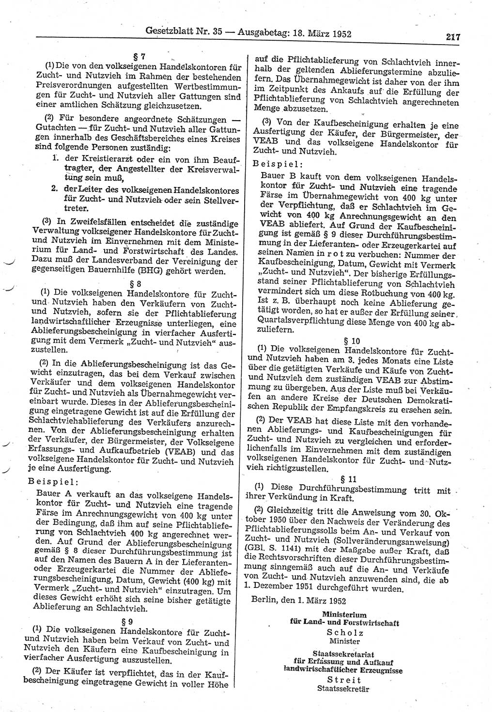 Gesetzblatt (GBl.) der Deutschen Demokratischen Republik (DDR) 1952, Seite 217 (GBl. DDR 1952, S. 217)