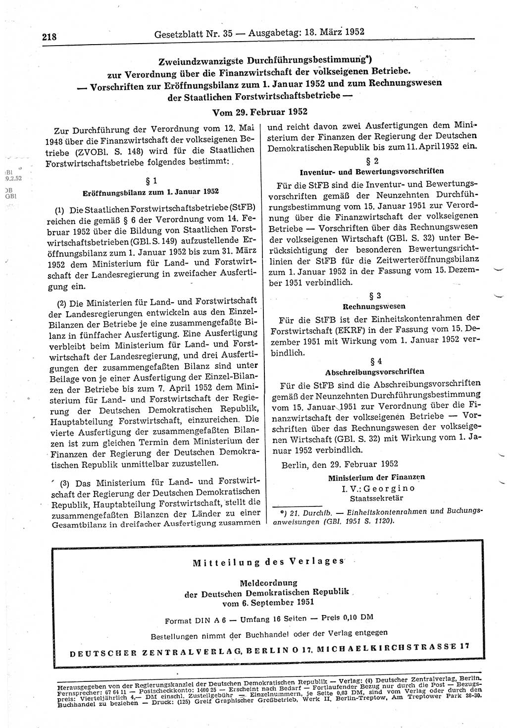 Gesetzblatt (GBl.) der Deutschen Demokratischen Republik (DDR) 1952, Seite 218 (GBl. DDR 1952, S. 218)