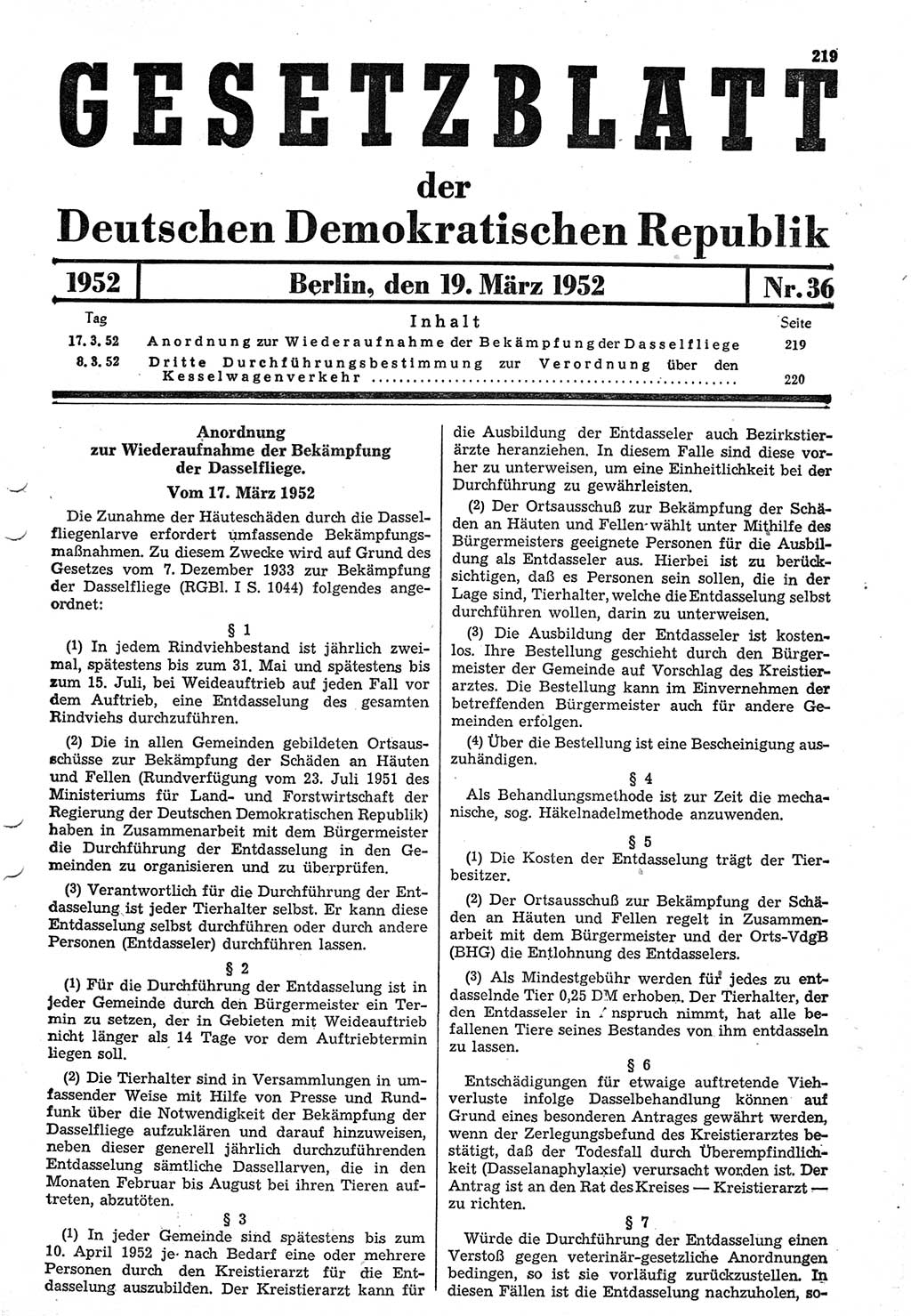 Gesetzblatt (GBl.) der Deutschen Demokratischen Republik (DDR) 1952, Seite 219 (GBl. DDR 1952, S. 219)