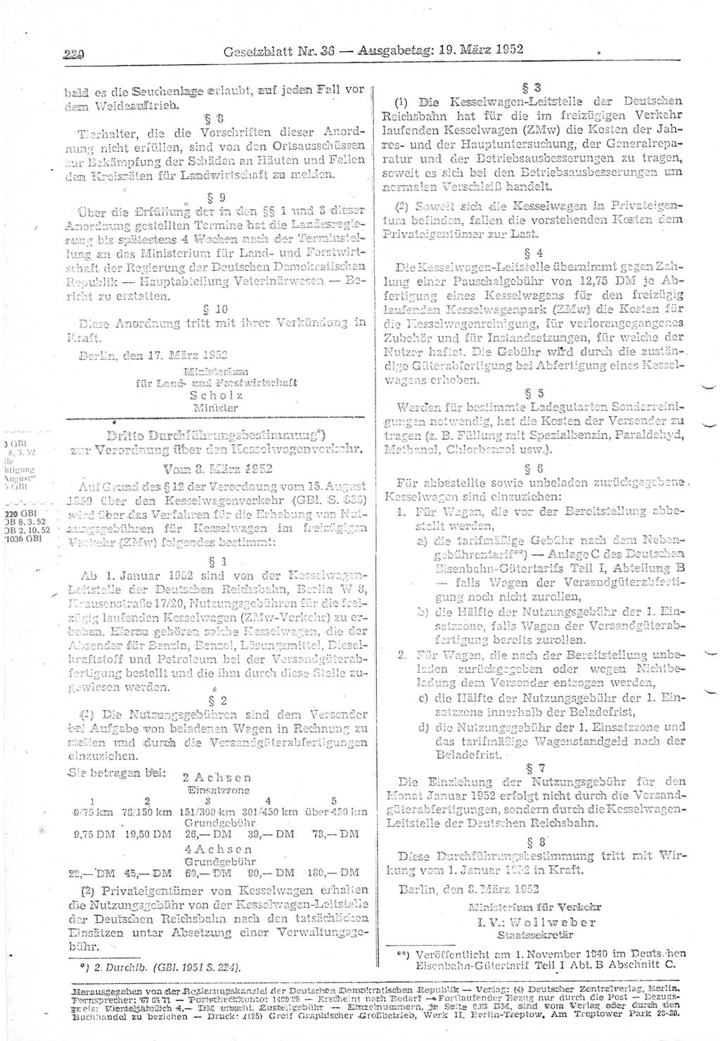 Gesetzblatt (GBl.) der Deutschen Demokratischen Republik (DDR) 1952, Seite 220 (GBl. DDR 1952, S. 220)