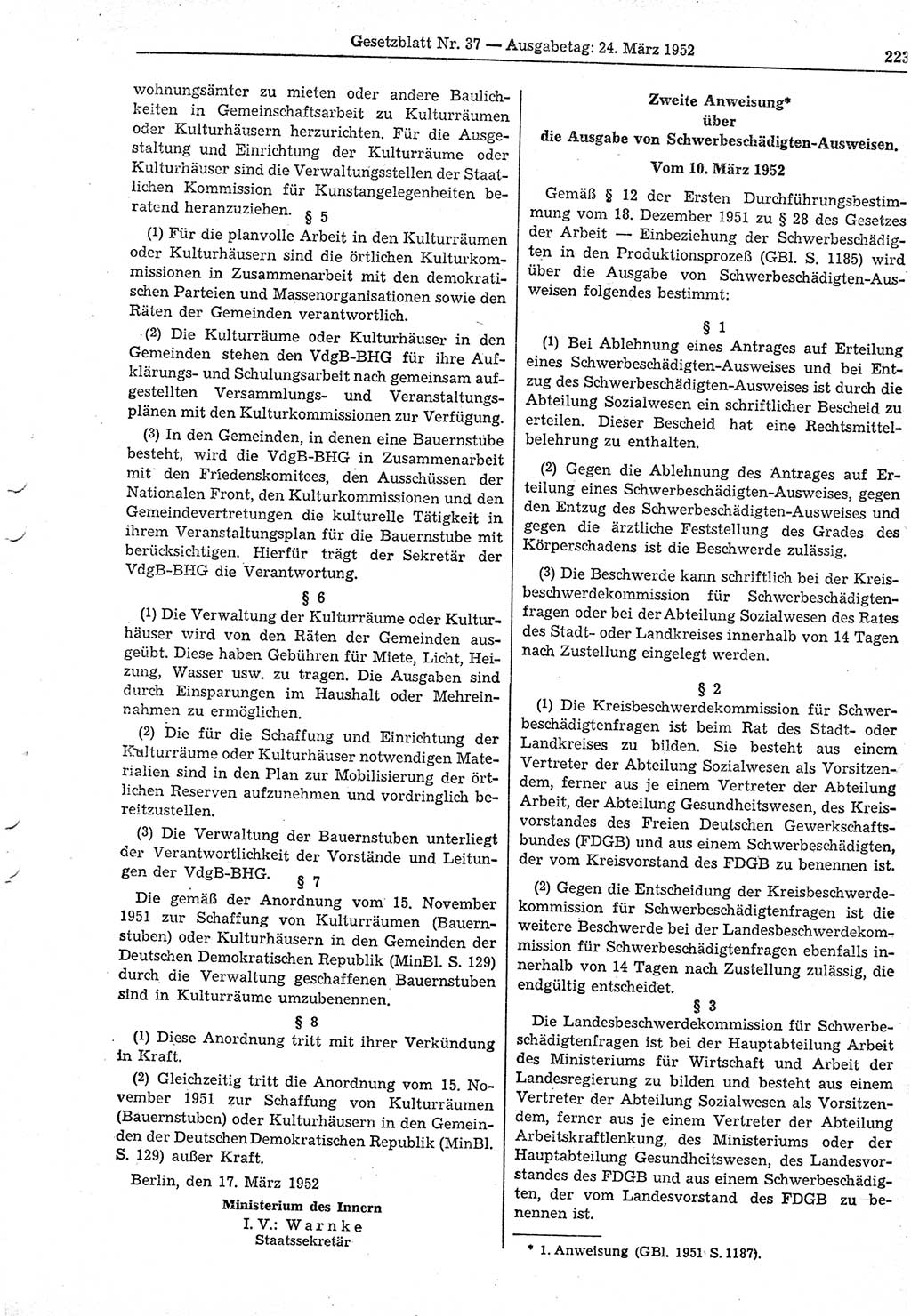 Gesetzblatt (GBl.) der Deutschen Demokratischen Republik (DDR) 1952, Seite 223 (GBl. DDR 1952, S. 223)