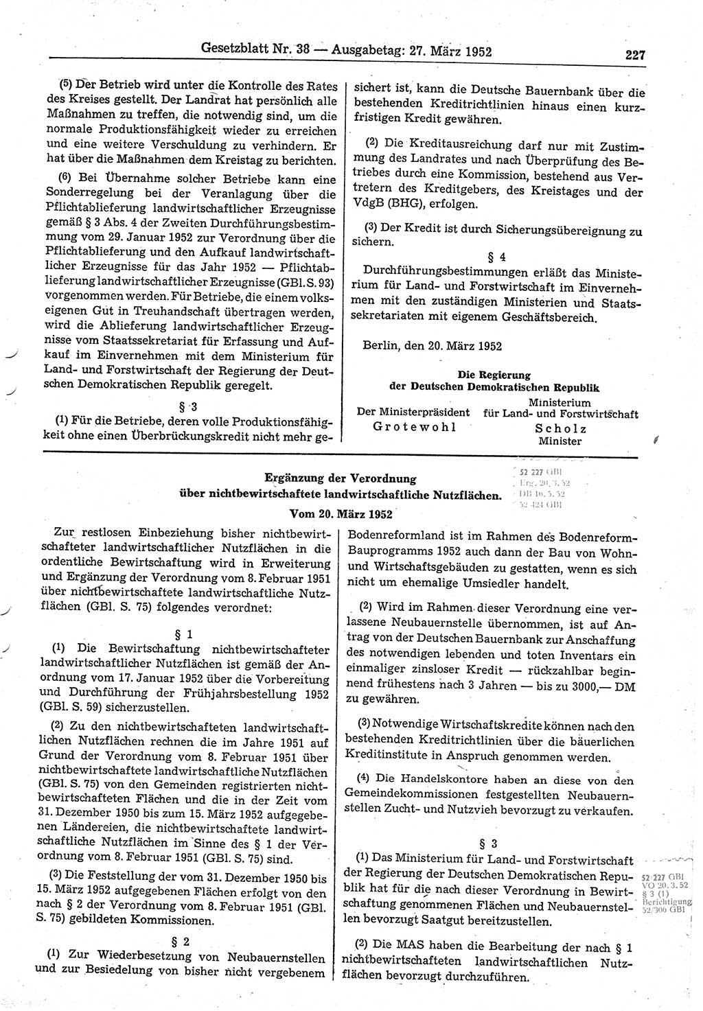 Gesetzblatt (GBl.) der Deutschen Demokratischen Republik (DDR) 1952, Seite 227 (GBl. DDR 1952, S. 227)