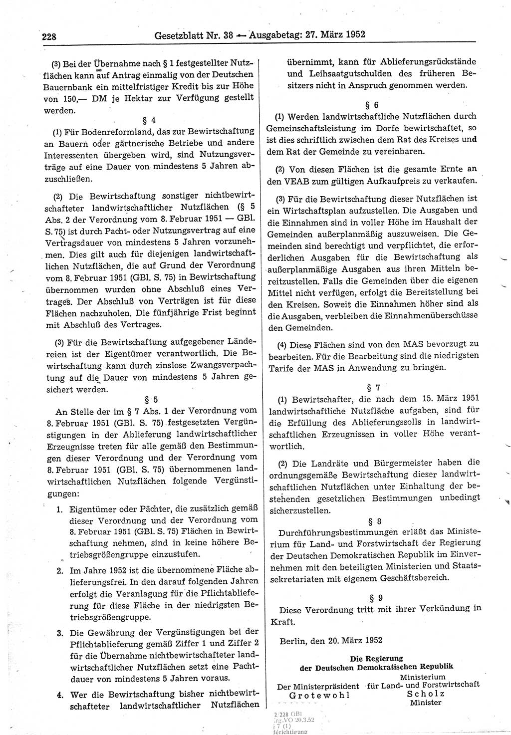 Gesetzblatt (GBl.) der Deutschen Demokratischen Republik (DDR) 1952, Seite 228 (GBl. DDR 1952, S. 228)