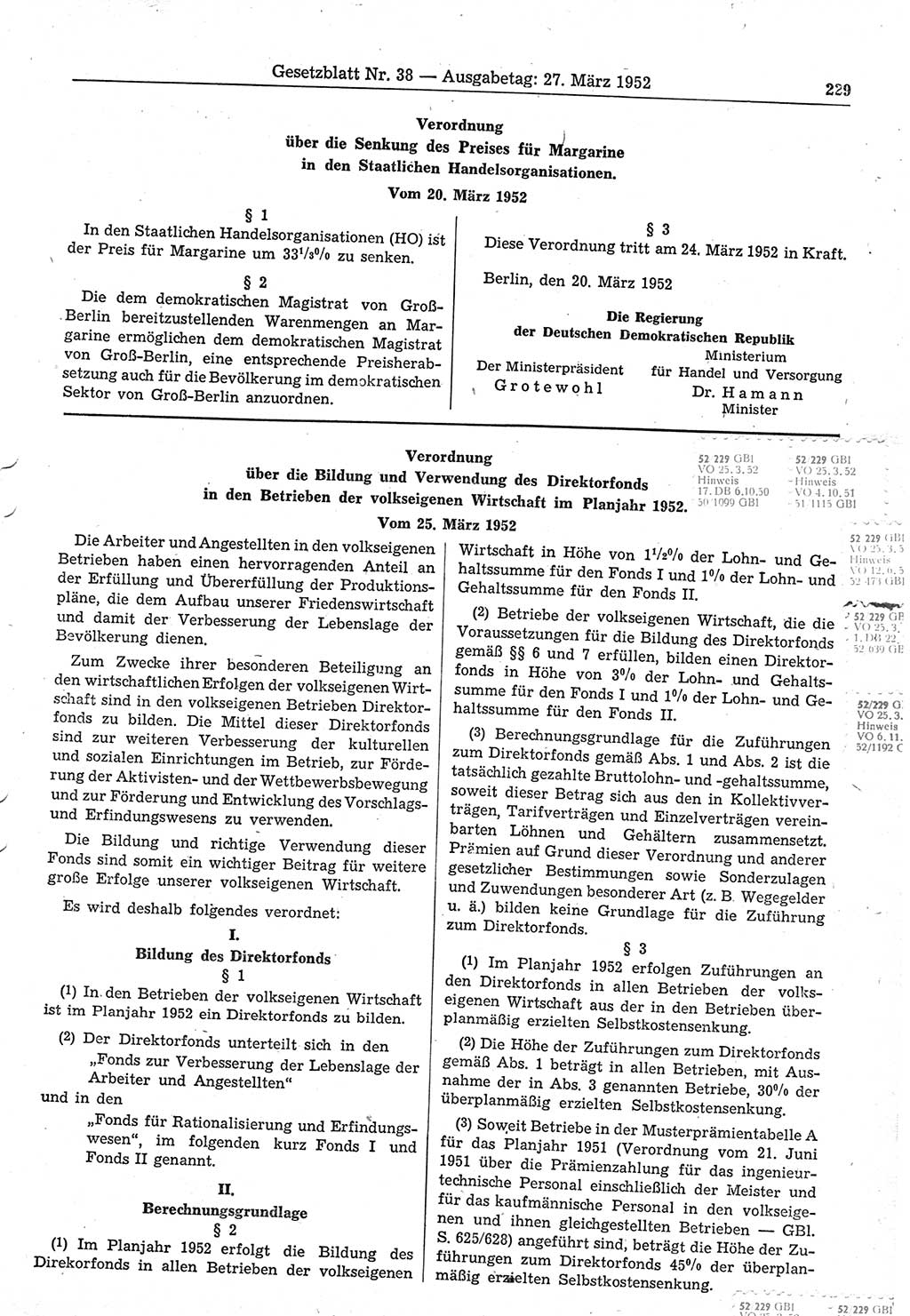 Gesetzblatt (GBl.) der Deutschen Demokratischen Republik (DDR) 1952, Seite 229 (GBl. DDR 1952, S. 229)