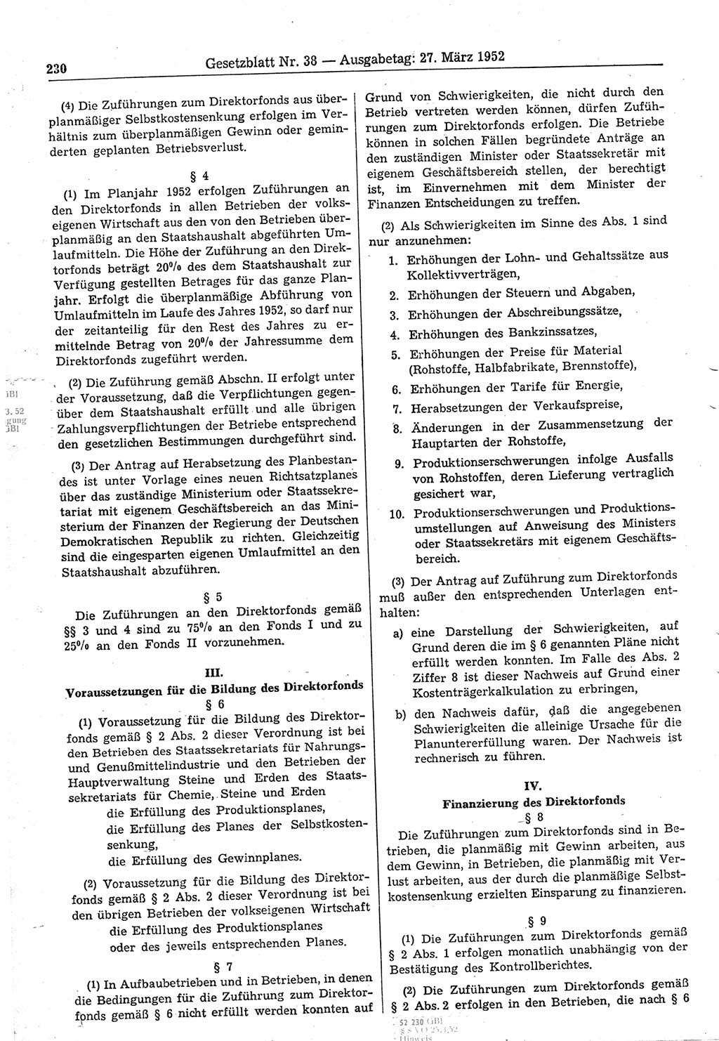 Gesetzblatt (GBl.) der Deutschen Demokratischen Republik (DDR) 1952, Seite 230 (GBl. DDR 1952, S. 230)
