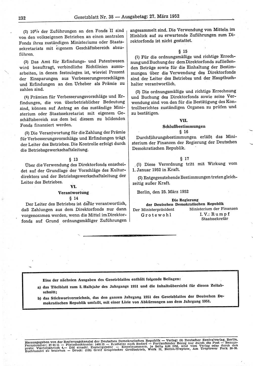 Gesetzblatt (GBl.) der Deutschen Demokratischen Republik (DDR) 1952, Seite 232 (GBl. DDR 1952, S. 232)