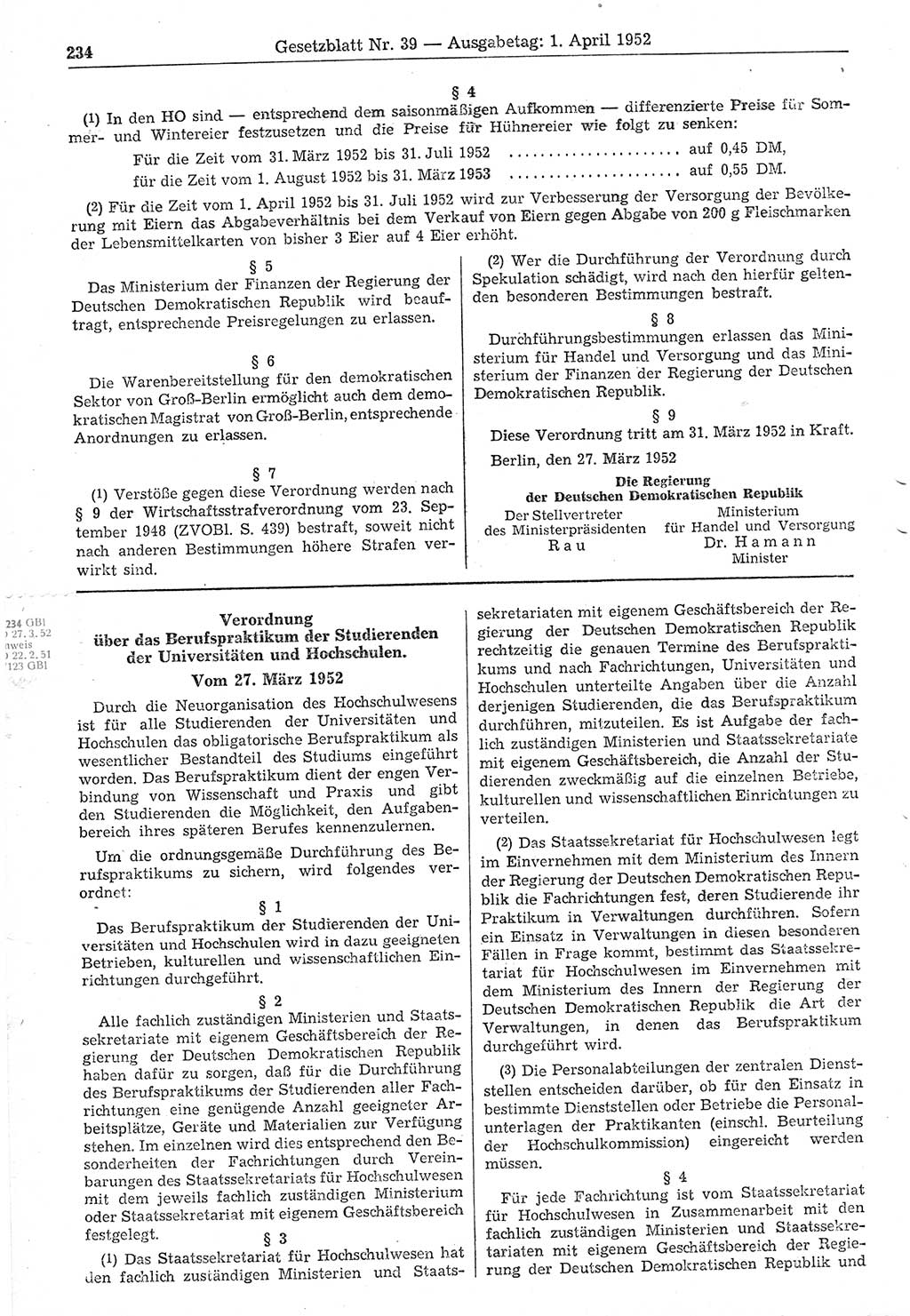 Gesetzblatt (GBl.) der Deutschen Demokratischen Republik (DDR) 1952, Seite 234 (GBl. DDR 1952, S. 234)
