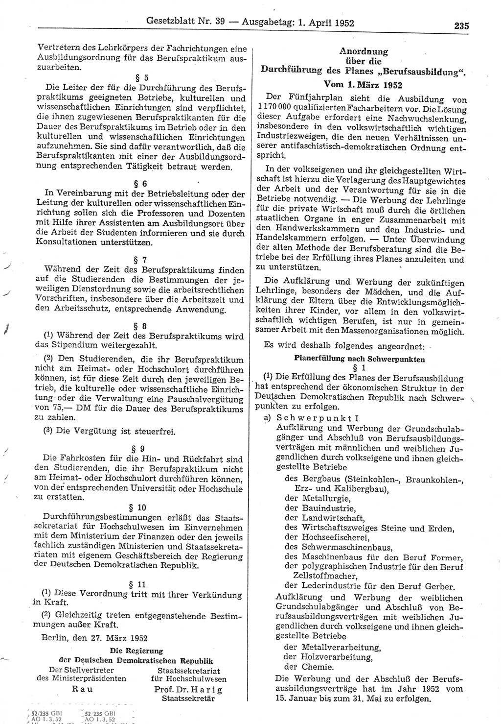 Gesetzblatt (GBl.) der Deutschen Demokratischen Republik (DDR) 1952, Seite 235 (GBl. DDR 1952, S. 235)