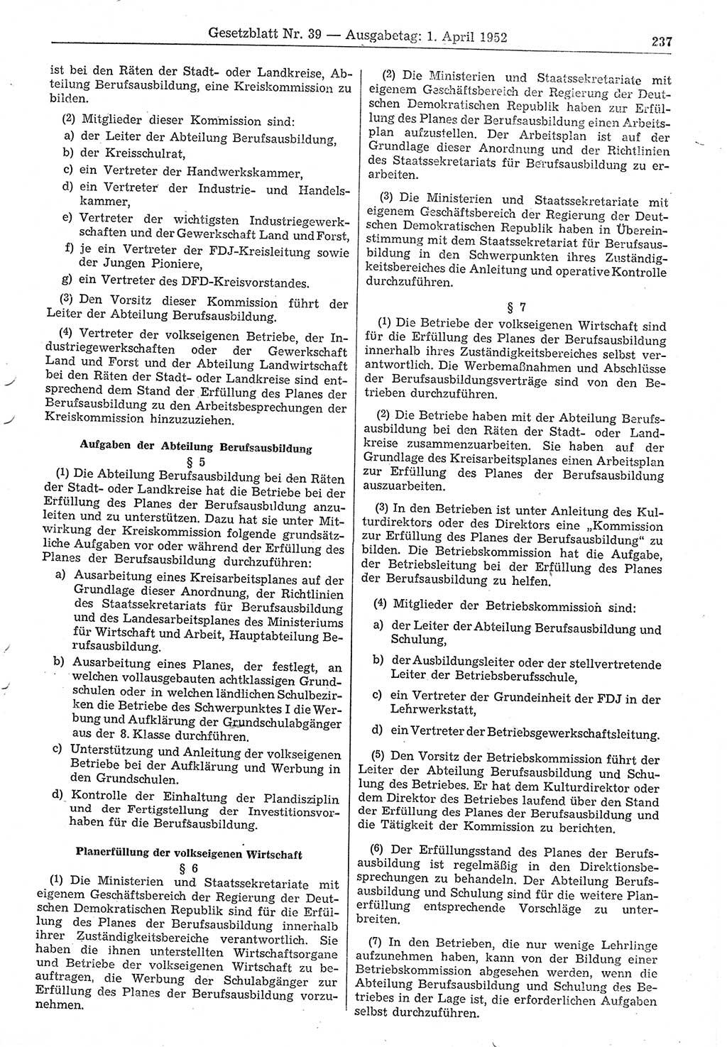 Gesetzblatt (GBl.) der Deutschen Demokratischen Republik (DDR) 1952, Seite 237 (GBl. DDR 1952, S. 237)