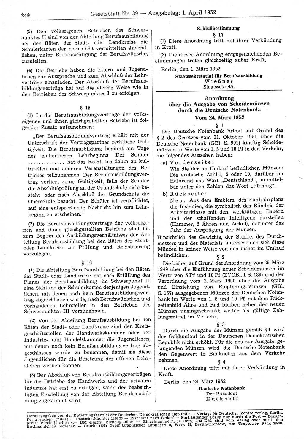 Gesetzblatt (GBl.) der Deutschen Demokratischen Republik (DDR) 1952, Seite 240 (GBl. DDR 1952, S. 240)