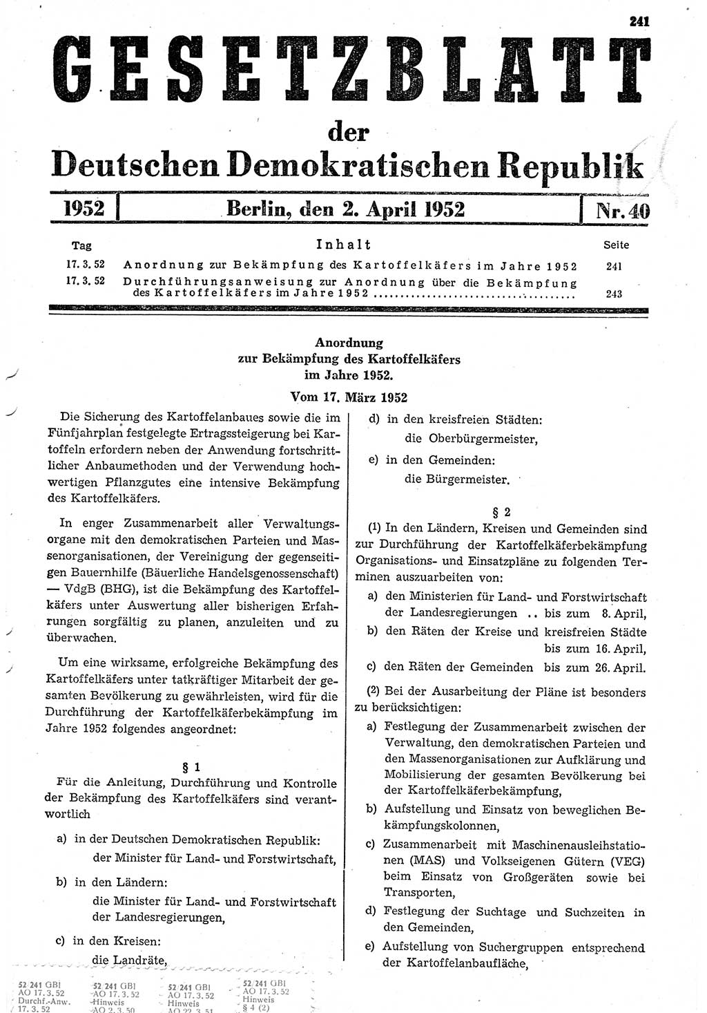 Gesetzblatt (GBl.) der Deutschen Demokratischen Republik (DDR) 1952, Seite 241 (GBl. DDR 1952, S. 241)