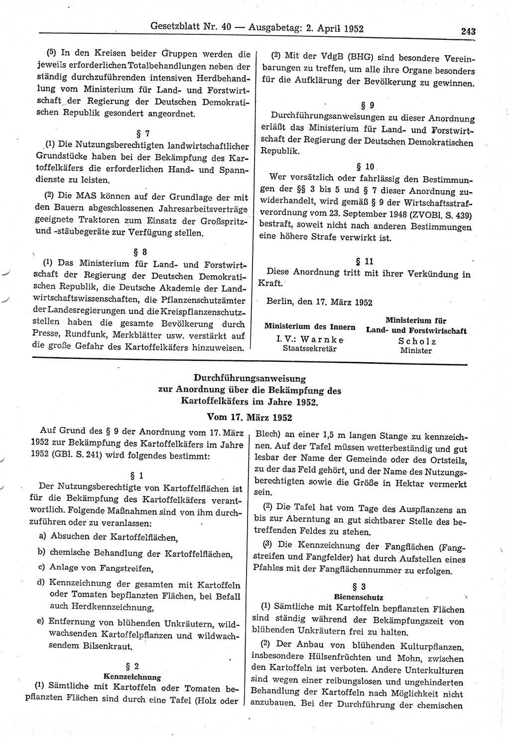 Gesetzblatt (GBl.) der Deutschen Demokratischen Republik (DDR) 1952, Seite 243 (GBl. DDR 1952, S. 243)