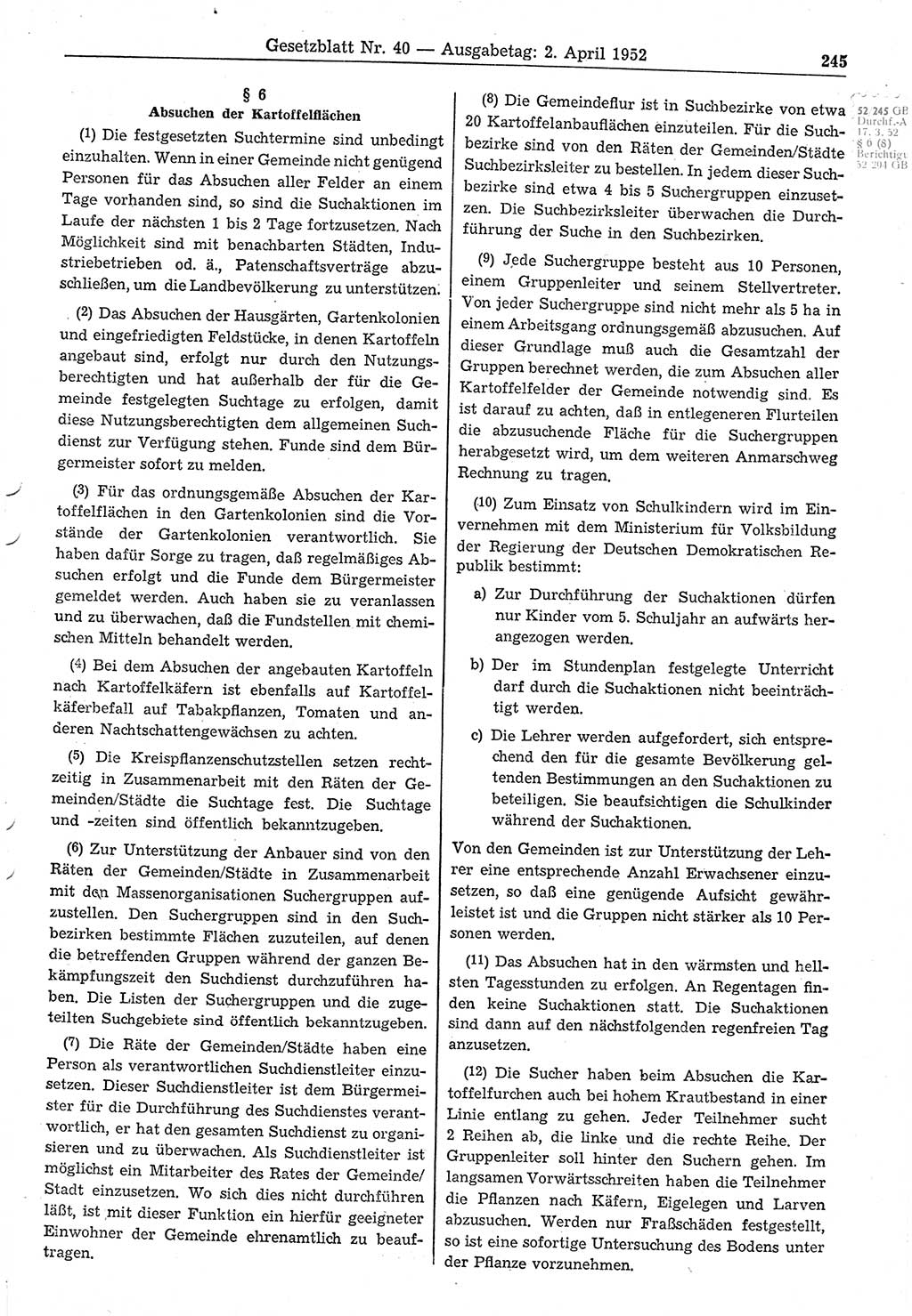 Gesetzblatt (GBl.) der Deutschen Demokratischen Republik (DDR) 1952, Seite 245 (GBl. DDR 1952, S. 245)