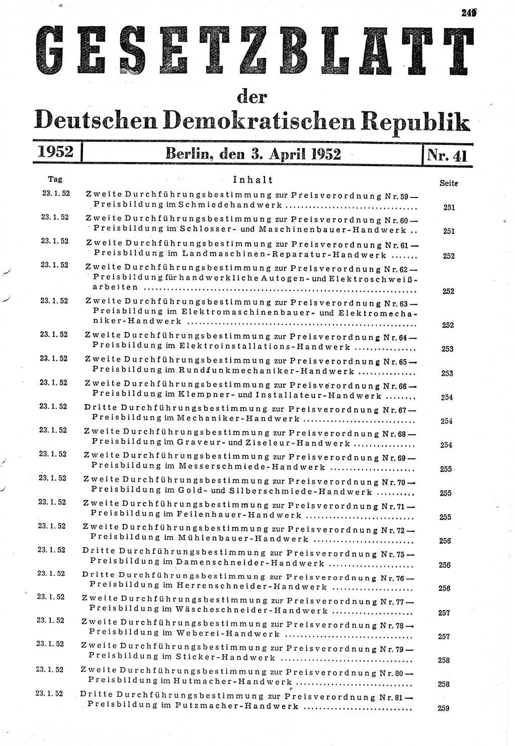 Gesetzblatt (GBl.) der Deutschen Demokratischen Republik (DDR) 1952, Seite 249 (GBl. DDR 1952, S. 249)