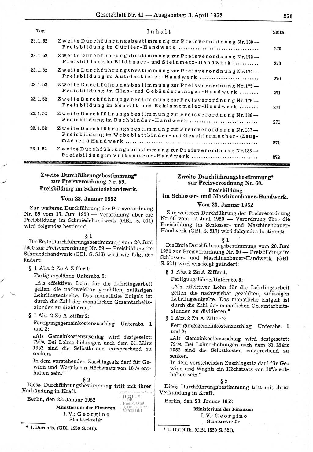 Gesetzblatt (GBl.) der Deutschen Demokratischen Republik (DDR) 1952, Seite 251 (GBl. DDR 1952, S. 251)