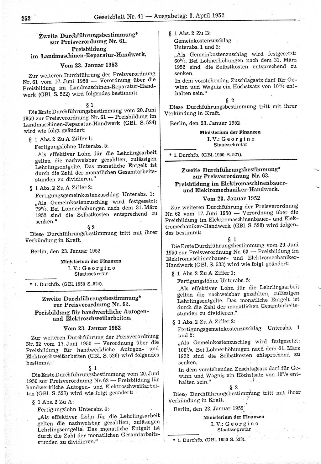 Gesetzblatt (GBl.) der Deutschen Demokratischen Republik (DDR) 1952, Seite 252 (GBl. DDR 1952, S. 252)