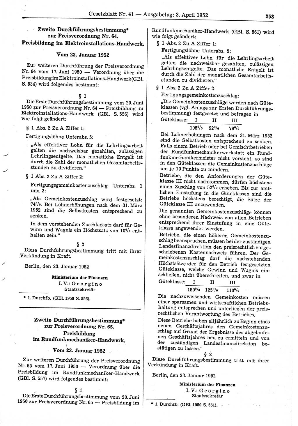 Gesetzblatt (GBl.) der Deutschen Demokratischen Republik (DDR) 1952, Seite 253 (GBl. DDR 1952, S. 253)