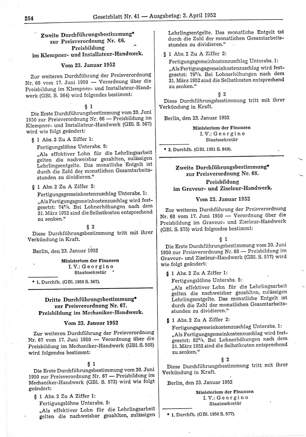 Gesetzblatt (GBl.) der Deutschen Demokratischen Republik (DDR) 1952, Seite 254 (GBl. DDR 1952, S. 254)