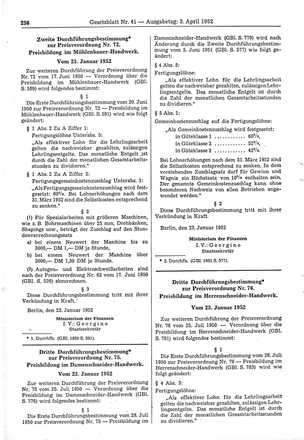 Gesetzblatt (GBl.) der Deutschen Demokratischen Republik (DDR) 1952, Seite 256 (GBl. DDR 1952, S. 256)