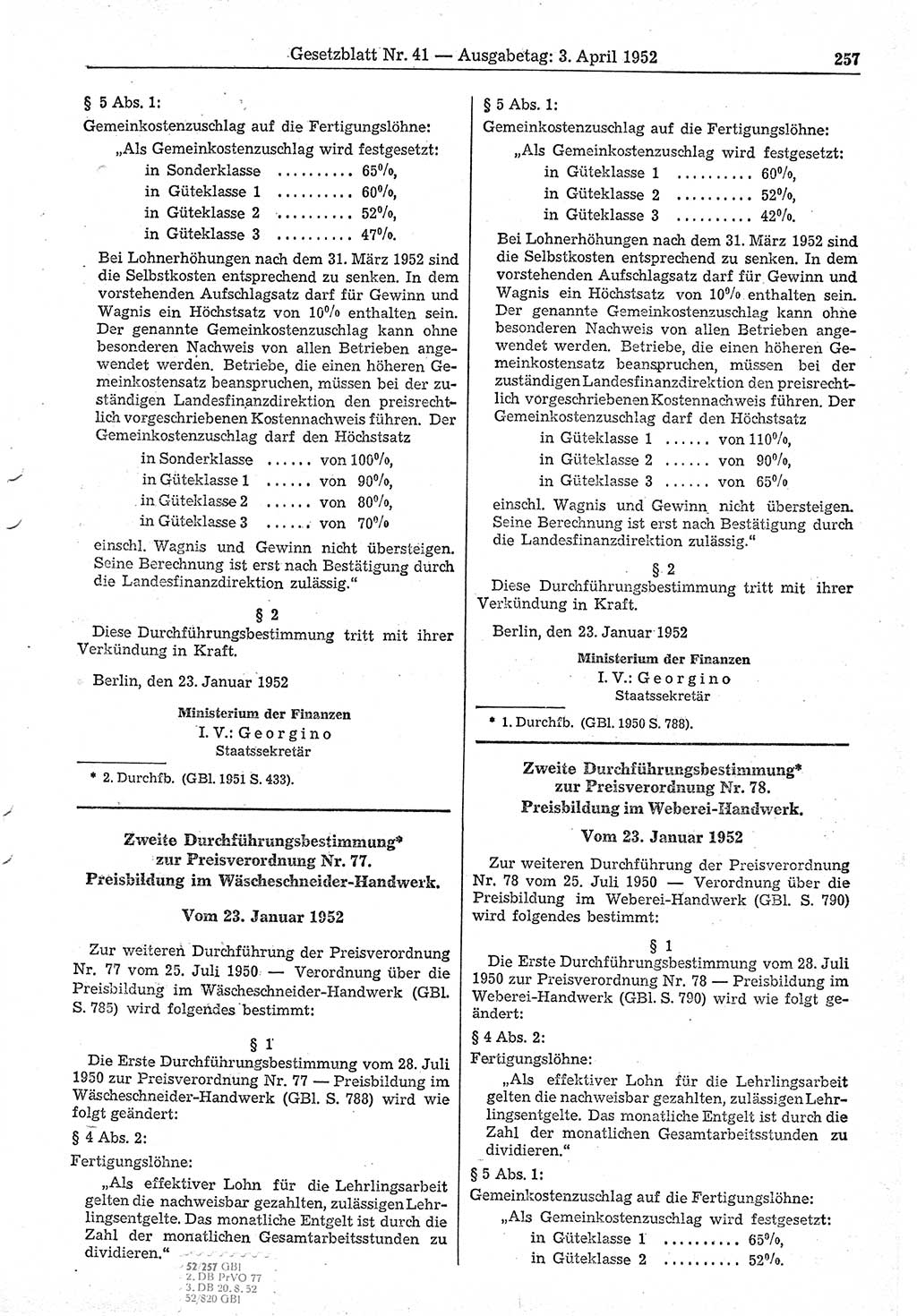 Gesetzblatt (GBl.) der Deutschen Demokratischen Republik (DDR) 1952, Seite 257 (GBl. DDR 1952, S. 257)