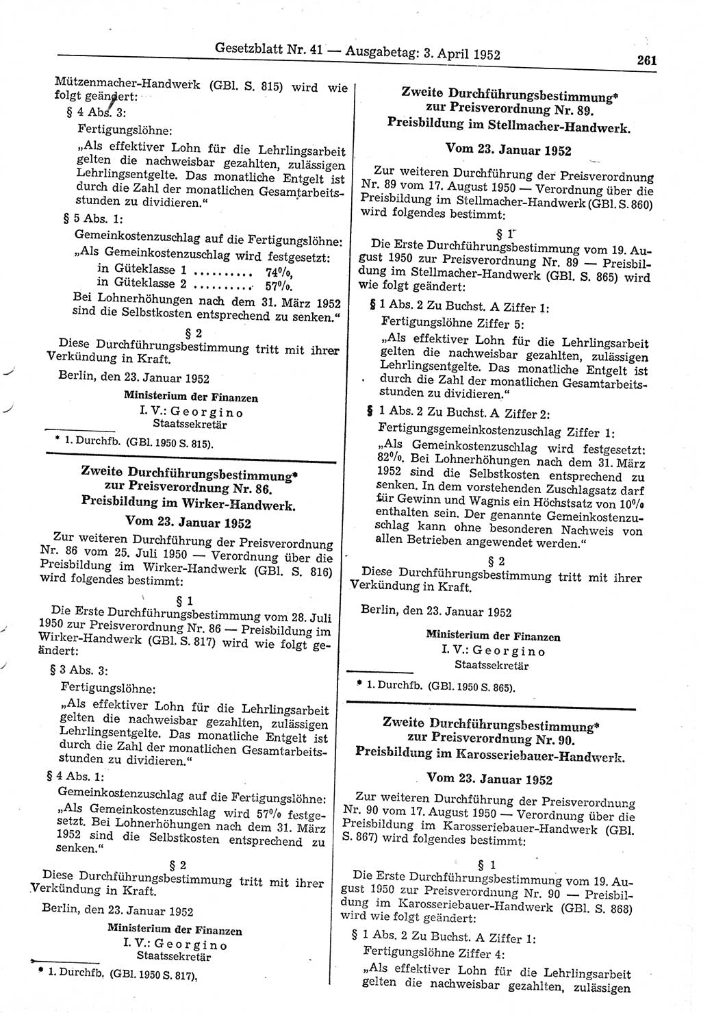 Gesetzblatt (GBl.) der Deutschen Demokratischen Republik (DDR) 1952, Seite 261 (GBl. DDR 1952, S. 261)