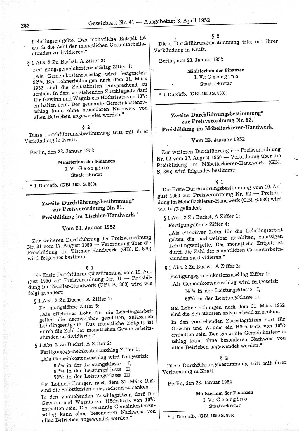 Gesetzblatt (GBl.) der Deutschen Demokratischen Republik (DDR) 1952, Seite 262 (GBl. DDR 1952, S. 262)