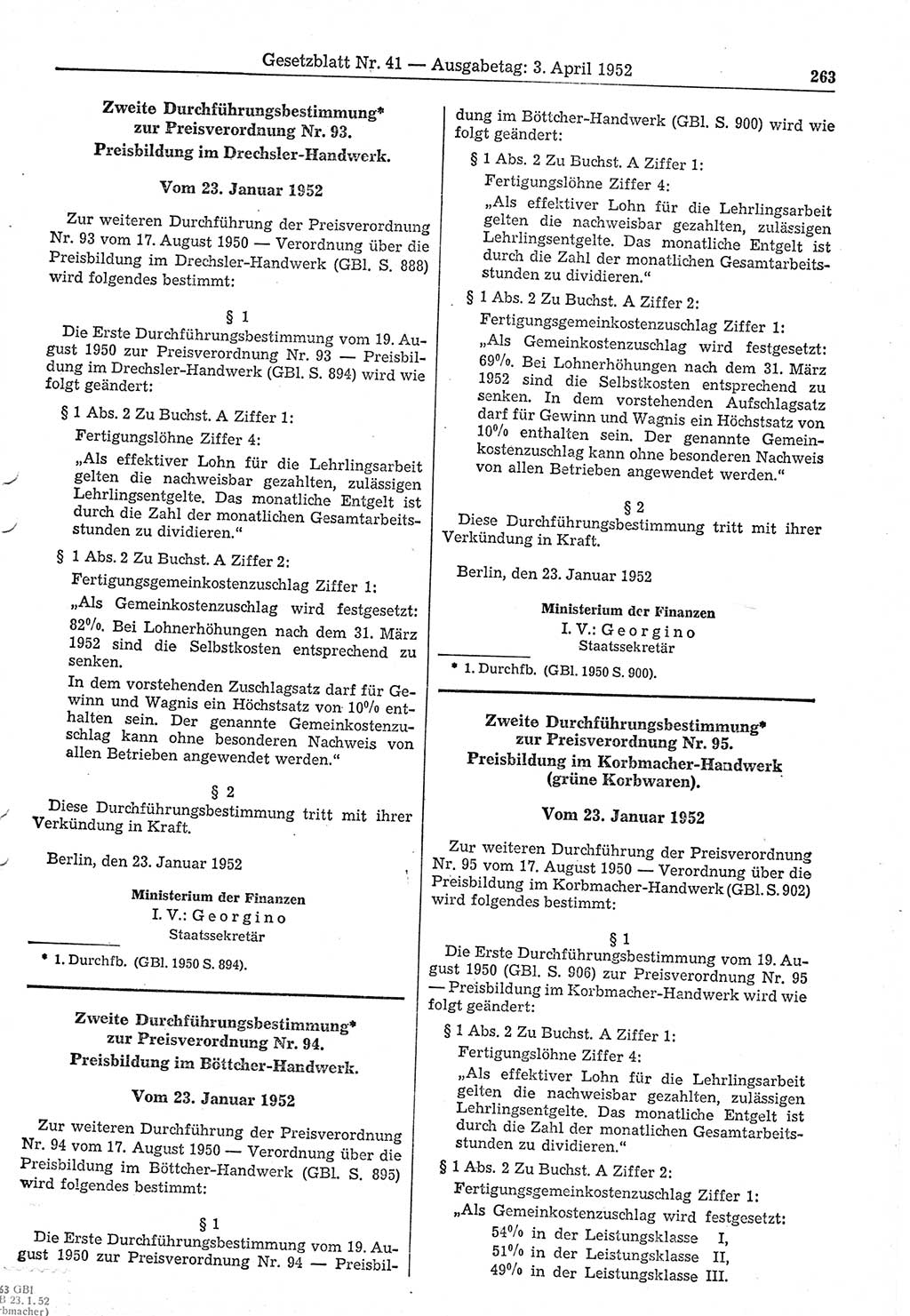 Gesetzblatt (GBl.) der Deutschen Demokratischen Republik (DDR) 1952, Seite 263 (GBl. DDR 1952, S. 263)