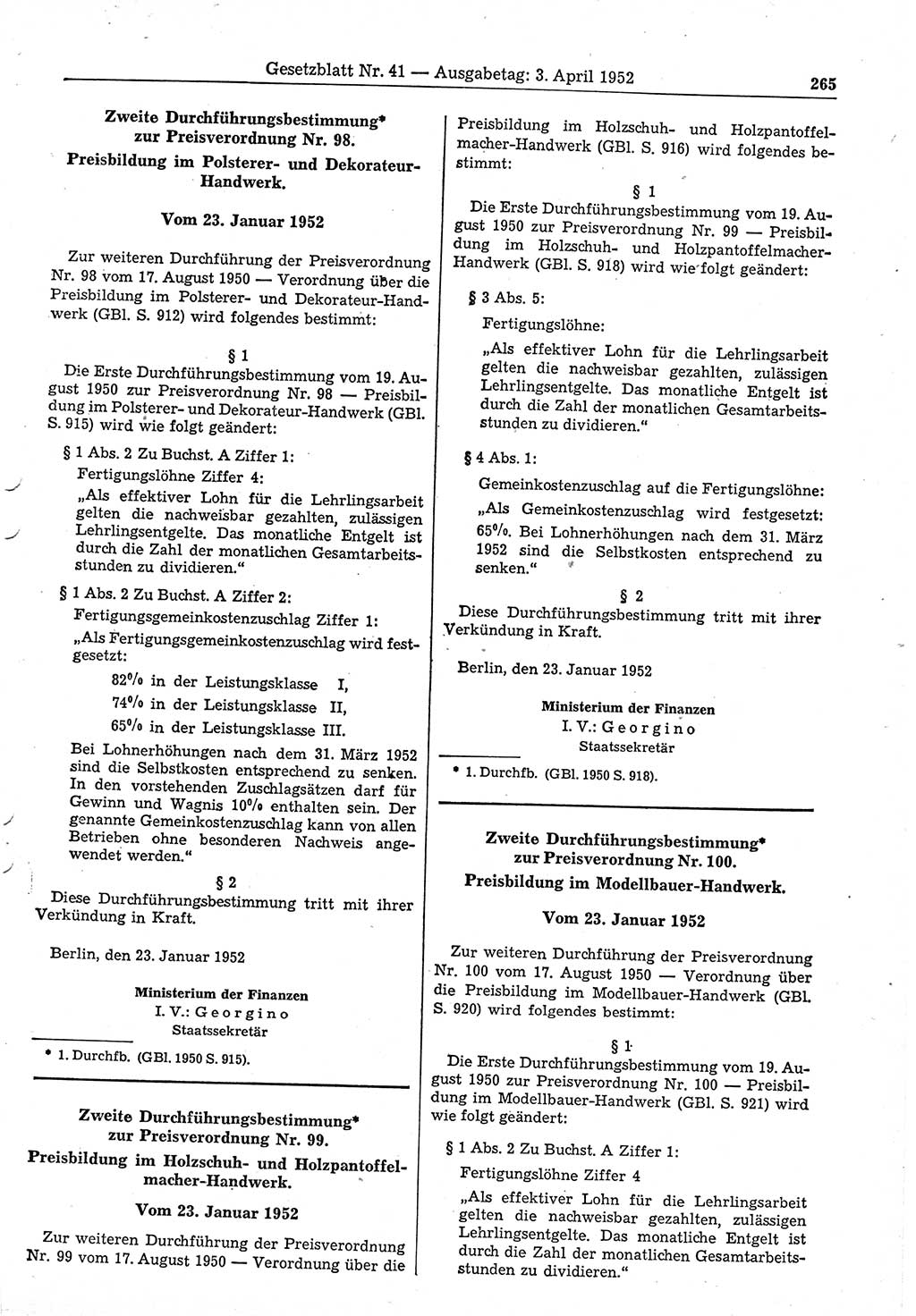 Gesetzblatt (GBl.) der Deutschen Demokratischen Republik (DDR) 1952, Seite 265 (GBl. DDR 1952, S. 265)