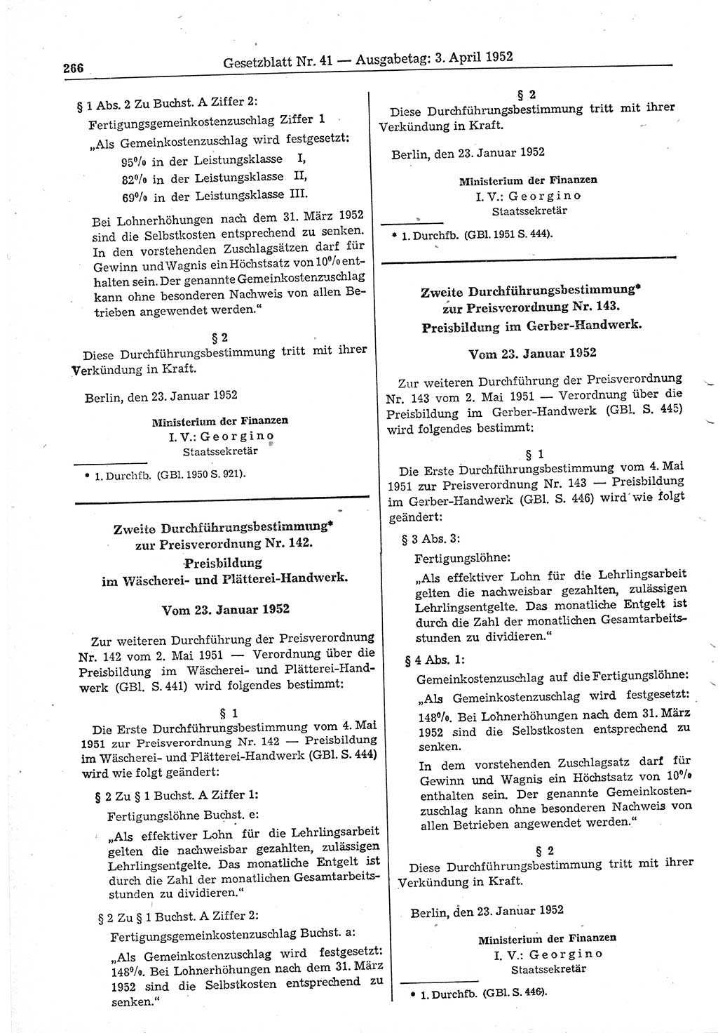 Gesetzblatt (GBl.) der Deutschen Demokratischen Republik (DDR) 1952, Seite 266 (GBl. DDR 1952, S. 266)
