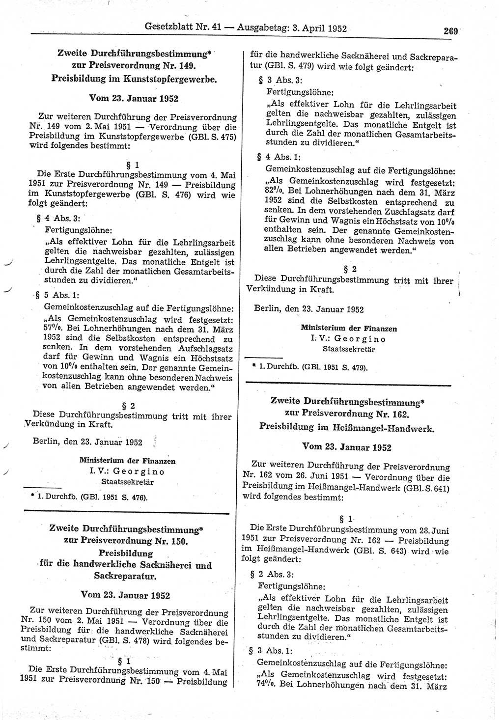 Gesetzblatt (GBl.) der Deutschen Demokratischen Republik (DDR) 1952, Seite 269 (GBl. DDR 1952, S. 269)