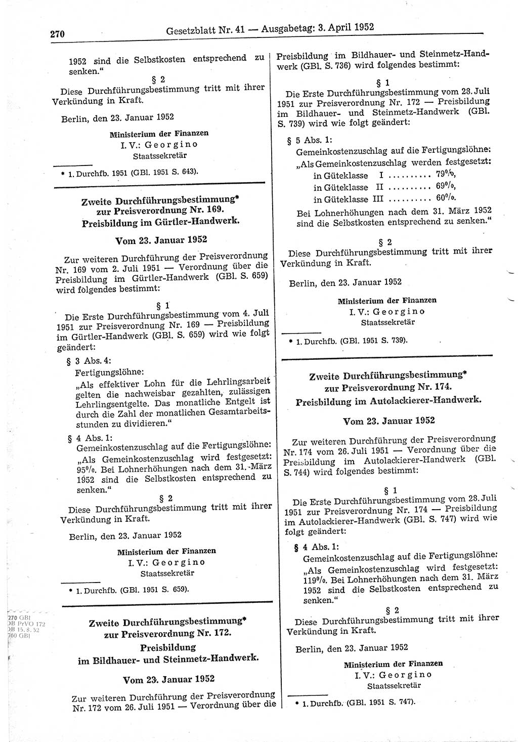 Gesetzblatt (GBl.) der Deutschen Demokratischen Republik (DDR) 1952, Seite 270 (GBl. DDR 1952, S. 270)