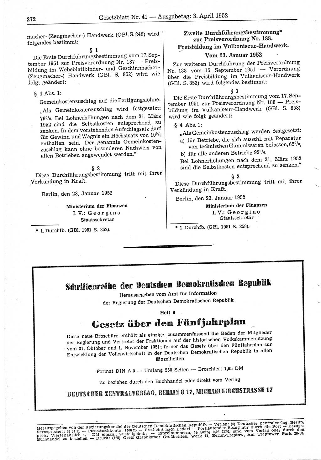Gesetzblatt (GBl.) der Deutschen Demokratischen Republik (DDR) 1952, Seite 272 (GBl. DDR 1952, S. 272)