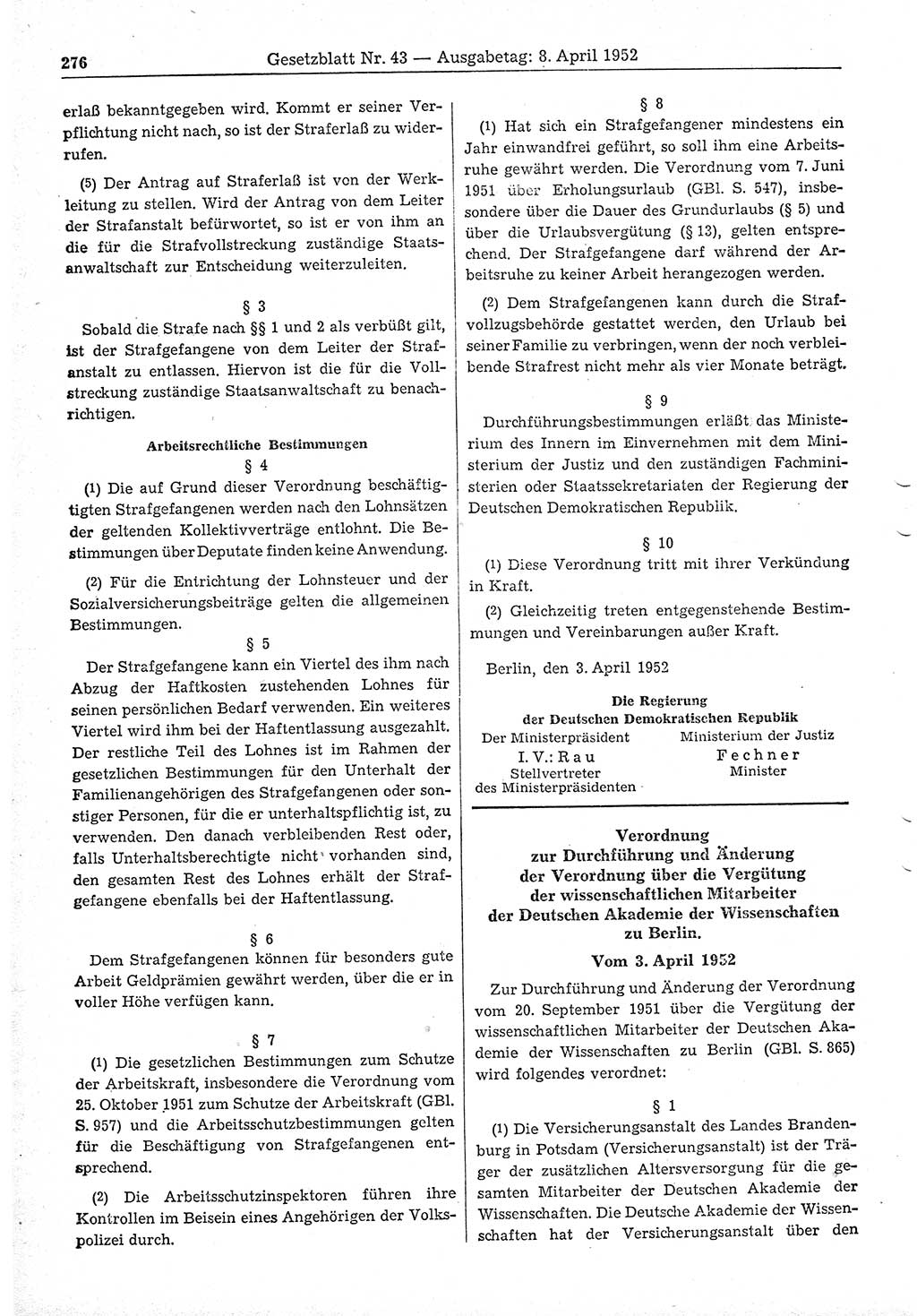 Gesetzblatt (GBl.) der Deutschen Demokratischen Republik (DDR) 1952, Seite 276 (GBl. DDR 1952, S. 276)