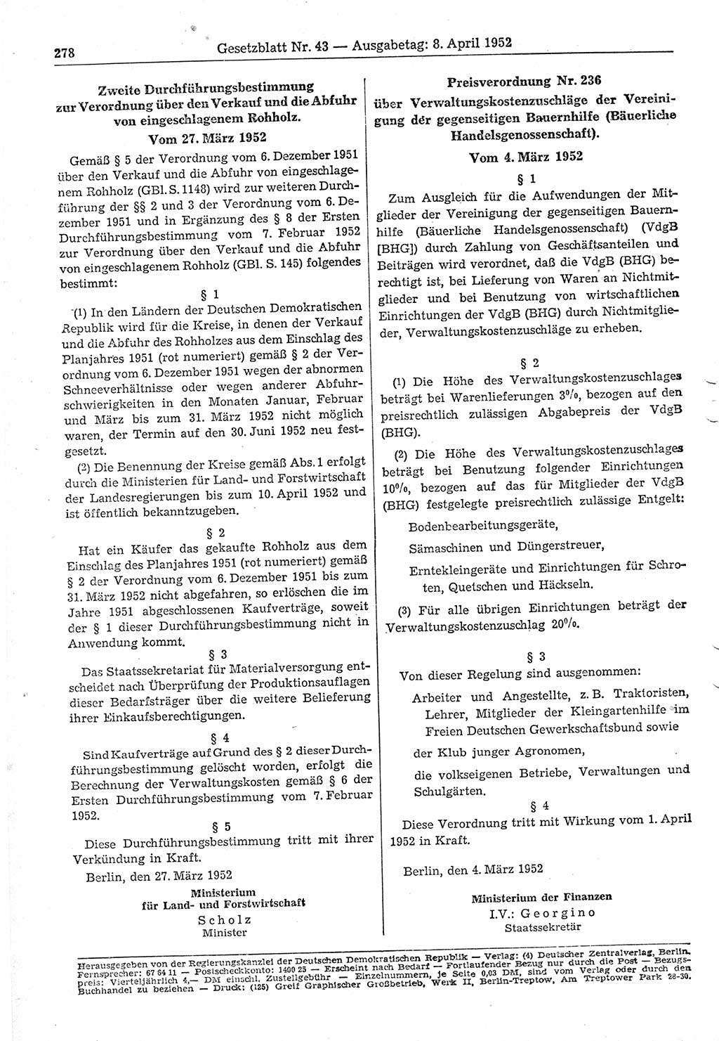 Gesetzblatt (GBl.) der Deutschen Demokratischen Republik (DDR) 1952, Seite 278 (GBl. DDR 1952, S. 278)