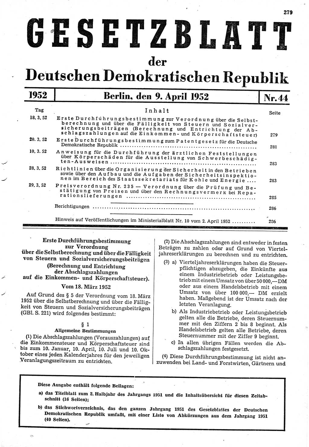 Gesetzblatt (GBl.) der Deutschen Demokratischen Republik (DDR) 1952, Seite 279 (GBl. DDR 1952, S. 279)