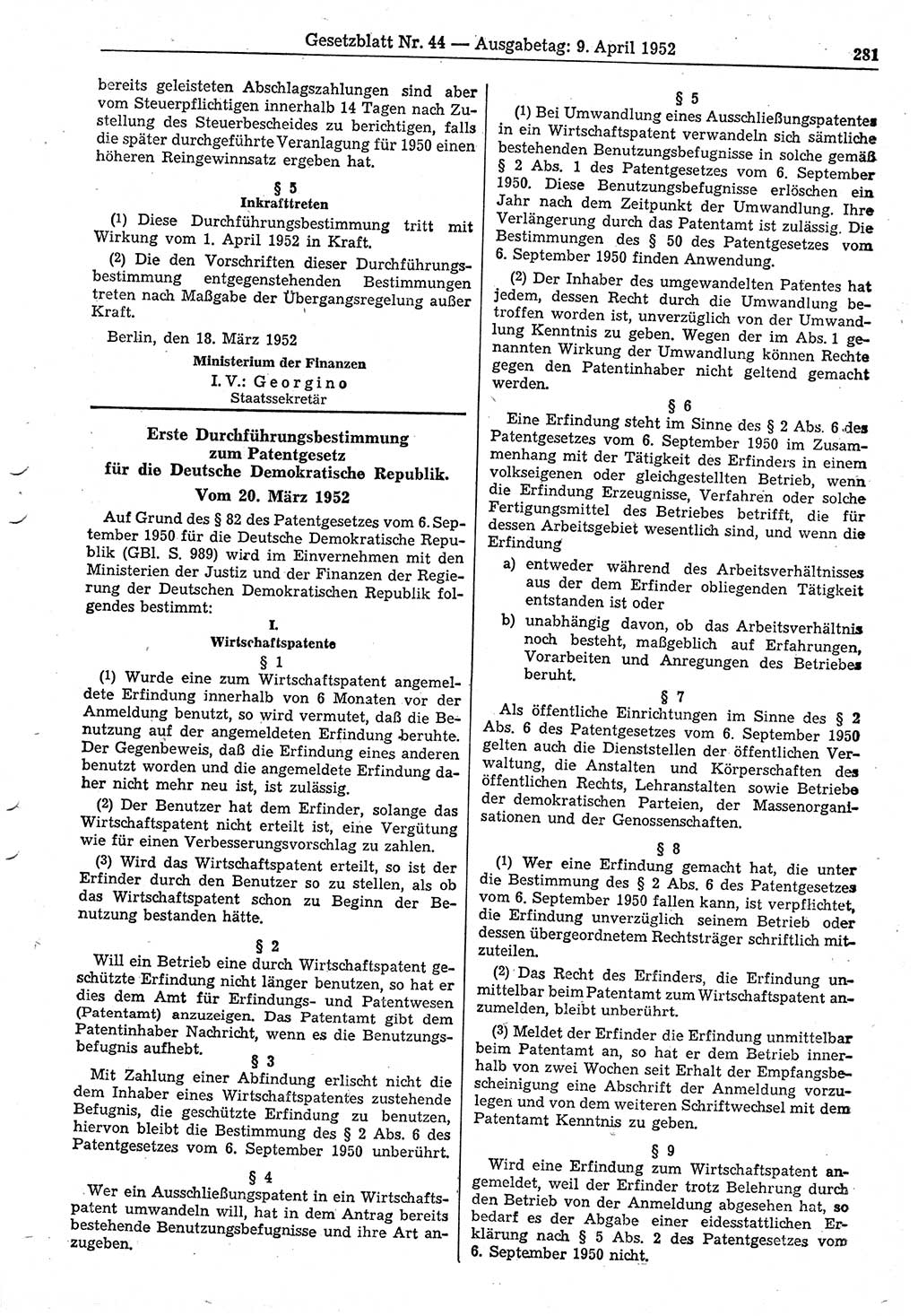 Gesetzblatt (GBl.) der Deutschen Demokratischen Republik (DDR) 1952, Seite 281 (GBl. DDR 1952, S. 281)
