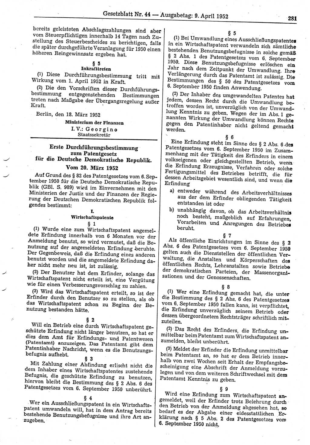 Gesetzblatt (GBl.) der Deutschen Demokratischen Republik (DDR) 1952, Seite 281 (GBl. DDR 1952, S. 281)